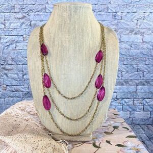 Three Strand Necklace with Purple Beads Gold Tone Women's Long Necklace